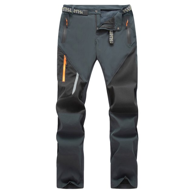 ceisia gift men's winter casual pants - faddish solid patchwork sports zipper pockets trousers pantalón gris de invierno en poliéster con diseño patchwork y corte holgado, vista frontal de largo completo que muestra paneles texturizados en rodillas, bolsillos con cremallera y tirador naranja, presillas de cinturón visibles, sobre fondo blanco. Adecuado para actividades al aire libre y uso diario, también apto como pantalón de senderismo.