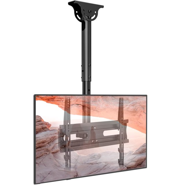 soporte de techo para tv ax waber ajustable de 26 a 65 pulgadas, 50 kg, negro — vista frontal centrada de un soporte negro de acero con tubo telescópico y placa de montaje universal fijada a una pantalla plana; compatible con patrones de orificio 400x400 a 200x100, brazo con 3 niveles de altura y tubo con 6 niveles, inclinación -25°/+5° y giro 360°. Adecuado para techos altos en casa, bares o escuelas; a menudo se usa también para montar monitores en espacios comerciales pequeños.