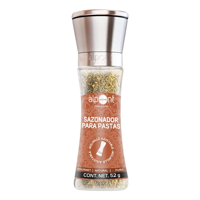 alpont gourmet molinillo sazonador pastas 52 g Molinillo transparente con tapa plateada y cuello grabado 'alpont', etiqueta terracota que indica 'sazonador para pastas', mezcla visible de hierbas secas y especias; ideal para sazonar pastas y como condimento en salsas.