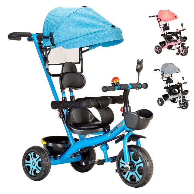 triciclo para bebe triciclo montable de 4 a 10 años carriola montable con sombrilla para sol silla ajustable carrito de paseo transformable plegable triciclo infantil convertible: 3/4 frontal de triciclo azul con toldo plegable, estructura metálica y partes en HDPE, asiento y respaldo acojinados, barandal desmontable forrado en espuma, barra de empuje ergonómica, manubrio con agarraderas suaves, pedales antiderrapantes y portavasos; también suele usarse como apoyo para paseos con el bebé.