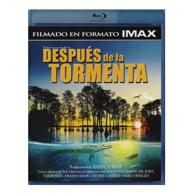 documental imax blu-ray zima despues de la tormenta meryl streep Nuevo. Carátula frontal con título 'DESPUÉS de la TORMENTA' sobre un bayou al atardecer; cipreses en silueta y reflejos en el agua, cocodrilo en primer plano y un avión pequeño en el cielo. Texto inferior indica narración por Meryl Streep, audio en inglés y español, Región A, 1 disco, duración aproximada 42 minutos.