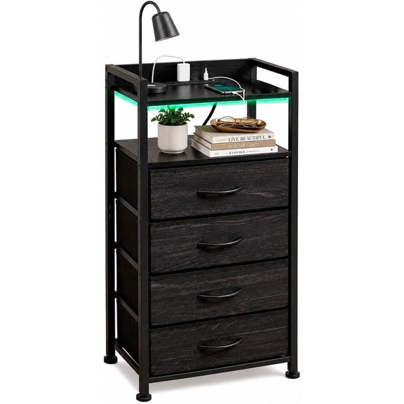 Buro para Recámara con Estación De Carga Mesa De Noche para RecámaraMesita De Noche Retro Muebles para Recamara Mesa Auxiliar Buro para Dormitorio y Sálon (Negro)