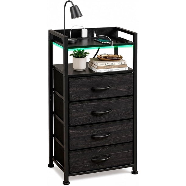 Buro para Recámara con Estación De Carga Mesa De Noche para RecámaraMesita De Noche Retro Muebles para Recamara Mesa Auxiliar Buro para Dormitorio y Sálon (Negro)