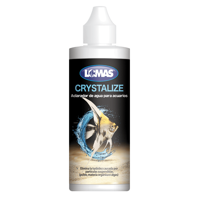 crystalize 120 ml Producto aclarante para acuarios Lomas, botella frontal de 120 ml con tapa dosificadora blanca; etiqueta negra con logo Lomas, texto "CRYSTALIZE Aclarador de agua para acuarios" y gráfico de pez ángel dentro de un remolino de agua; indica que elimina la turbidez y es fácil de usar. A menudo usado para mejorar la claridad del agua en acuarios domésticos.