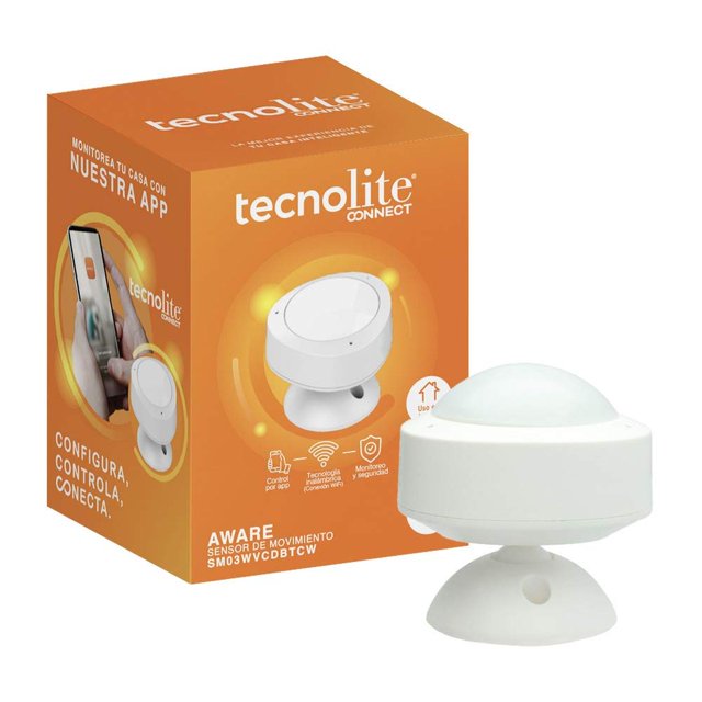 sensor inteligente wifi tecnolite connect blanco con cobertura 10 metros compatible con alexa y goog — Sensor de movimiento redondo blanco en vista frontal sobre base ajustable; caja naranja de Tecnolite Connect al fondo con imagen de la app. Dimensiones 50 x 50 x 50.6 cm, potencia 6 VCD, detección hasta 10 metros, montaje en pared o techo con tornillos o cinta adhesiva, integración con asistentes de voz y control por app; también suele usarse para encender automáticamente luces de pasillos o armarios.