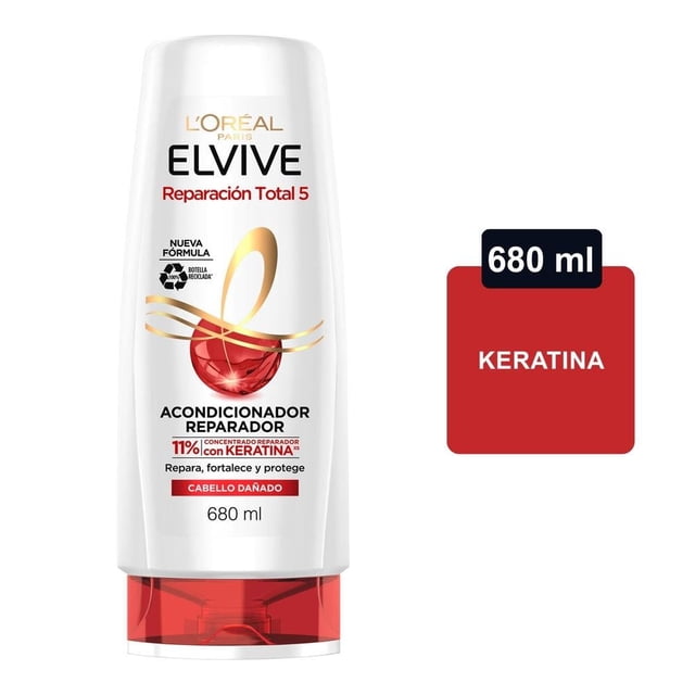 acondicionador l'oréal elvive reparación total 5 cabello dañado 680 ml botella frontal blanca con tapa roja, vista centrada; etiqueta con logo L'Oréal Paris, texto 'Elvive Reparación Total 5', sello '11% concentrado reparador con keratina' y indicador '680 ml' sobre fondo blanco minimalista; a menudo usado para suavizar y facilitar el peinado.