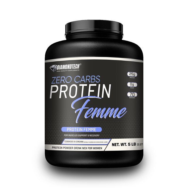 proteína femme diamondtech mujer whey zero carbs 5lbs con colágeno hidrolizado envase vista frontal con etiqueta que indica 25 g de proteína por servicio, 0 g de azúcar y 70 servicios; sabor cookies & cream, texto colágeno hidrolizado y tapa negra. A menudo usado como complemento proteico en batidos y recetas.