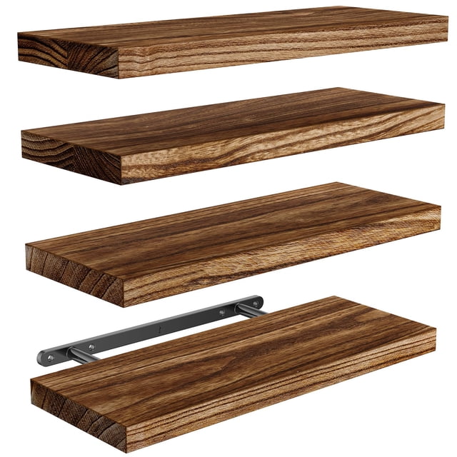 juego de 4 repisas flotantes amada homefurnishing de madera de paulownia — cuatro repisas rectangulares de madera natural con vetas visibles en vista 3/4 frontal; una repisa muestra el soporte metálico oculto para montaje. Cada repisa mide 40 cm x 15 cm x 2.5 cm (15.75" x 5.91" x 0.98"), aptas para baño, sala, cocina u oficina, y a menudo se usan también para exhibir plantas pequeñas o accesorios decorativos.