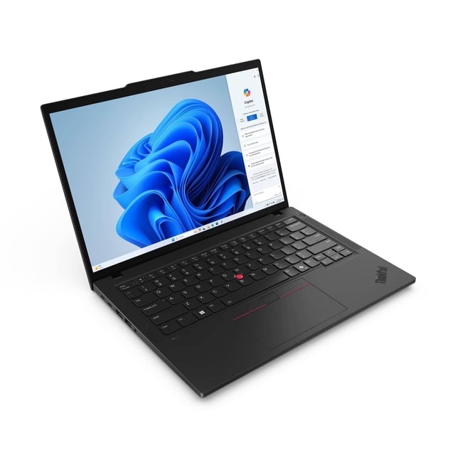 laptop lenovo thinkpad t14 g5, 14 pulgadas, intel® core™ ultra 7 155u, 16 gb, windows 11 pro, 512 gb ssd vista 3/4 de una laptop negra Lenovo ThinkPad T14 G5 abierta, teclado completo con TrackPoint rojo, touchpad amplio con botones integrados, chasis delgado mate, biseles estrechos y pantalla con escritorio de Windows 11; adecuada para tareas de oficina móvil y productividad profesional.