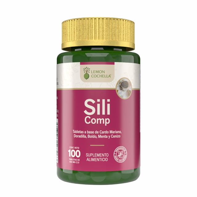 sili comp 100 tabletas a base de cardo mariano, boldo, menta Frasco LEMON COCHELLA frontal con etiqueta magenta y blanca y tapa dorada; botella plástica verde indica 100 tabletas, texto prominente "Sili Comp" y lista de ingredientes cardo mariano, boldo y menta; suele usarse como suplemento alimenticio diario.