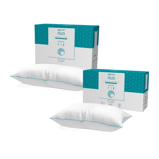 sognare nuo 1 almohada king size + 1 almohadas estándar relleno semi firme con microfibras de gel, lavable hipoalergénica — Juego de dos almohadas blancas con ribete turquesa y sus cajas de empaque turquesa; vista frontal que muestra la forma rectangular y el relleno semi firme descrito en la ficha, diseñada para mantener alineadas las cervicales y adaptarse a cualquier posición; también suele usarse como apoyo adicional para lectura en cama.