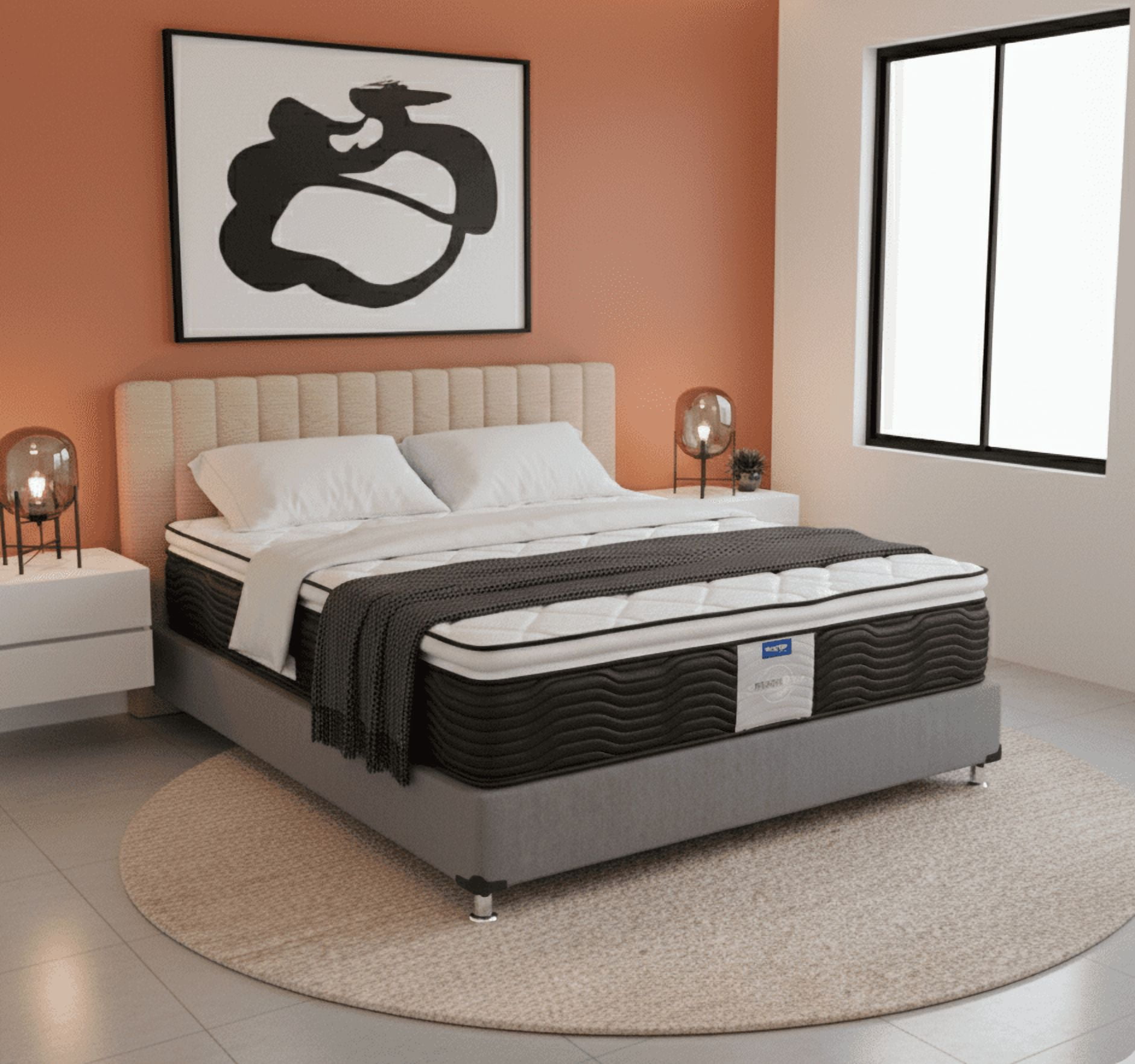 Colchon King Size Restonic Ortopedico Moon Care Calm+ Box King Size Linato Gris Oxford + 2 Almohadas Bleden + Sabana Kingsize