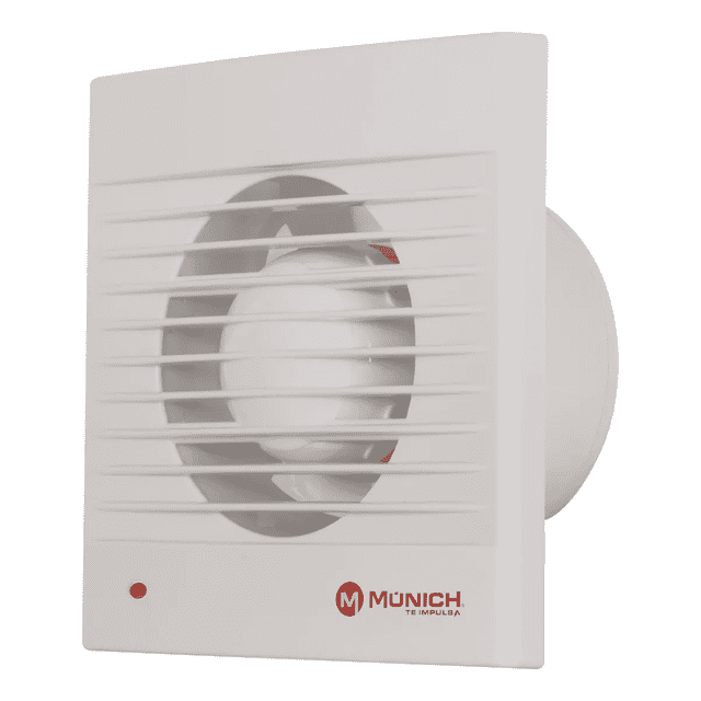 extractor de aire 4" para baño cocina ventilación silencioso ea-1060 munich extractor empotrable blanco, vista frontal 3/4 con rejilla rectangular y hélice visible, logo Múnich y pequeño LED rojo; compacto 15.7 x 15.7 x 8.5 cm, 130 m³/h, 40 dB, motor 18 W y conducto 4"; también apto para ventilación continua en oficinas o comercios pequeños.