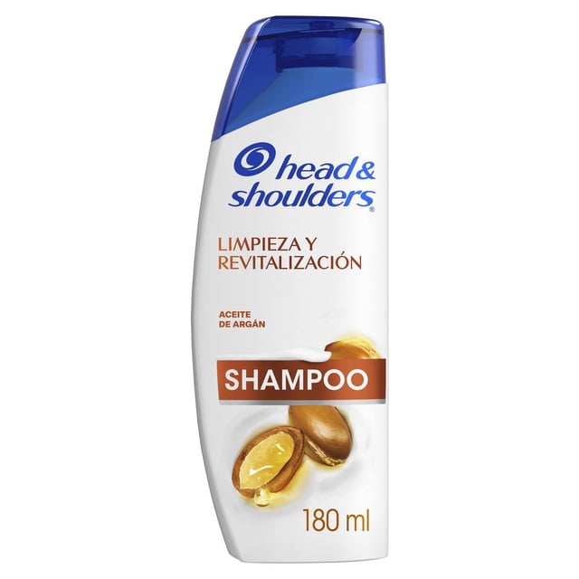shampoo control caspa head & shoulders limpieza y revitalización 180 ml Botella blanca vista frontal con tapa azul; etiqueta con logo Head & Shoulders, texto 'Limpieza y Revitalización', imagen de aceite de argán y franja marrón con 'SHAMPOO', indicador '180 ml' visible; descrito como opción de uso diario en shampoos dermatológicos para cuidado del cuero cabelludo.