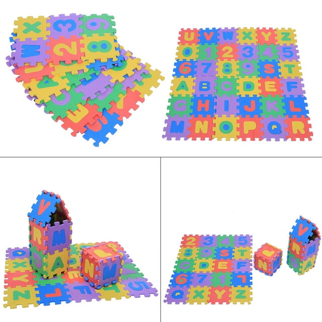 eva foam mat 36 unids soft eva foam play mat números y letras bebé niños jugando crawling pad juguetes nuevo Juego de 36 tapetes de espuma EVA interconectables con piezas de letras y números en colores vivos, mostrado desplegado y apilado, tamaño total aprox. 65 x 65 cm (25.6 x 25.6 in), incluye ejemplo de montaje en piso de juego y en formas ensambladas como casita y cubo; superficie con textura visible, ligero y fácil de guardar; a menudo usado para gateo y aprendizaje temprano.