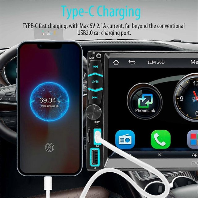 double din car stereo with carplay & android auto, 7 inch touchscreen fm/am radio, bluetooth, mirror-link, backup camera front-facing black autoestéreo con pantalla táctil de 7 pulgadas showing PhoneLink and app icons on a 1024x600 capacitive display, physical volume knob and side buttons with teal accents, USB-C cable charging a smartphone visible at left, and indication of the included 12-LED waterproof backup camera; supports wireless CarPlay/Android Auto, Bluetooth 5.0 and mirror-link for navigation and hands-free calls.