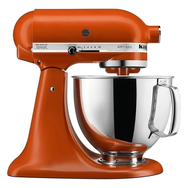 batidora de pedestal international kitchenaid artisan naranja 4.7l vista frontal 3/4 de una batidora con cuerpo metálico naranja y base estable; cuenco de acero inoxidable 4.7 litros con asa visible; control de 10 velocidades en la carrocería y brazo elevable marcado 'Artisan'; adecuada para mezcla planetaria y uso con accesorios multiusos, ideal también para preparar masas y helados caseros.