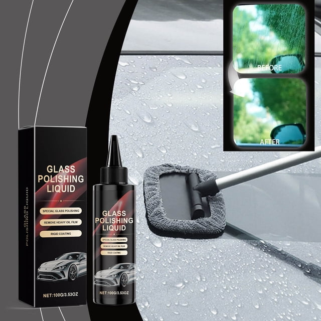 auto glass polish & scratch remover - 100ml limpiador de parabrisas, removedor de manchas de agua y limpiaparabrisas - líquido de limpieza de cristales de coche de secado rápido para visibilidad y: Botella y caja negras de 100 ml etiquetadas colocadas sobre un parabrisas con gotas; toma 3/4 mostrando aplicación con pad de microfibra en brazo telescópico y un inserto antes/después que ilustra eliminación de manchas de agua, pulido de vidrio y mejora de visibilidad. Su uso es adecuado para pulido de vidrio y eliminación de arañazos leves; a menudo se emplea para retoques rápidos de cristales en tareas DIY.