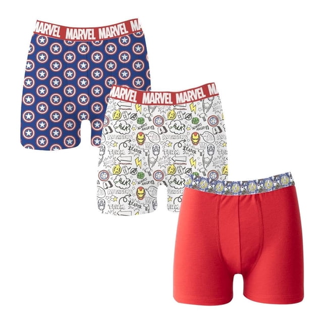 bóxer avengers para niño, 3 piezas multicolor talla 10 tres bóxers frontales: uno azul con patrón del escudo de Captain America y pretina roja con MARVEL; uno blanco con estampado de iconos de Avengers y pretina roja MARVEL; uno rojo liso con pretina con motivos de Avengers; cintura elástica visible.