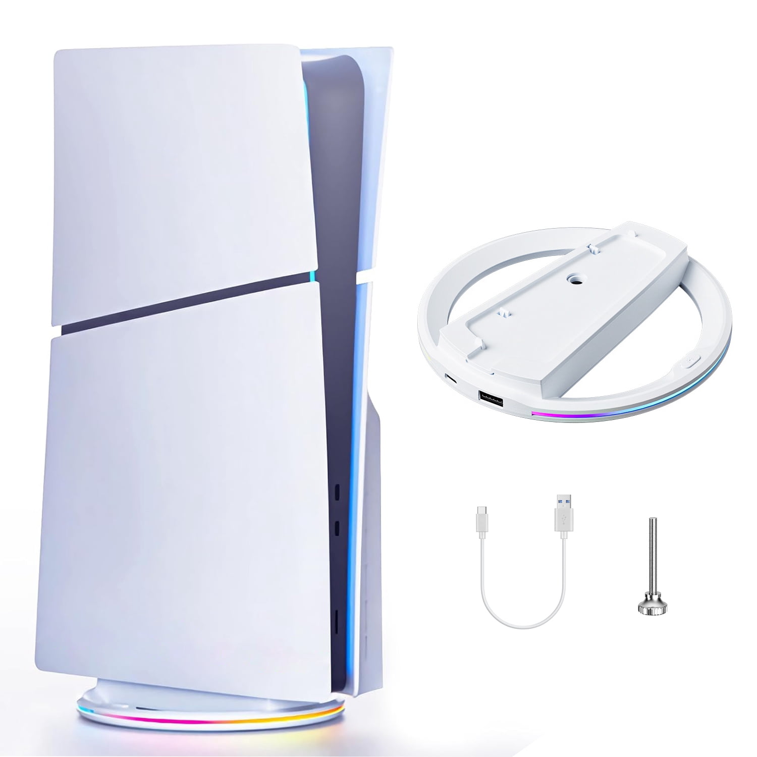 Soporte vertical RGB para PS5/PS5 Slim/PS5 Pro, base antideslizante para consolas Digital Edition y Disc Edition, accesorio que ahorra espacio con ranura de almacenamiento para soportes