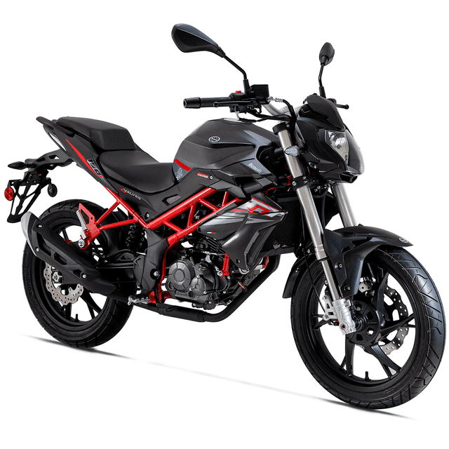 benelli tnt150i negra outlet 2025 motocicleta naked en vista 3/4 derecha, chasis tubular rojo, tanque y carenado negro con detalles gris y rojo, horquilla telescópica delantera, freno de disco delantero, llantas de aleación negras y asiento biplaza; adecuada para desplazamientos urbanos frecuentes.