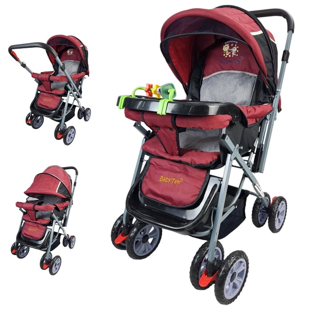 carriola reversible the baby shop h-b con toldo plegable 3 posiciones rojo chasis metálico y asiento acolchado rojo; toldo plegable de tres posiciones con ventana de malla, charola-juguetero desmontable en plástico, arnés de 2 puntos y sistema de fácil reclinado hasta posición horizontal con descansapiés ajustable; llantas delanteras con bloqueo de dirección y freno en traseras, canastilla amplia inferior para guardar objetos; ideal para niños de 6 meses a 3 años (hasta 16 kg) y también apta para llevar juguetes y accesorios en salidas.