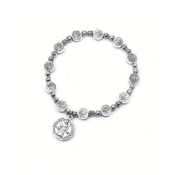 Pulsera Con Medalla Católica De San Benito Y Rosario Cruzado Xtellar plateado