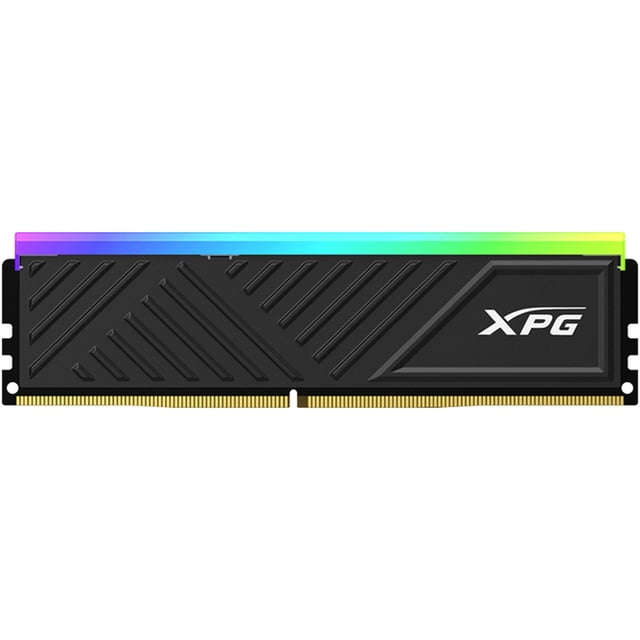 memoria ram ddr4 16gb 3200mhz xpg spectrix d35g rgb 1x16gb negro módulo frontal en perfil bajo con disipador negro estriado, logo XPG blanco a la derecha y barra RGB multicolor en la parte superior; 3200 MT/s, 1.35V y latencias 16-20-20. También suele usarse en builds compactas por su disipador de perfil bajo.