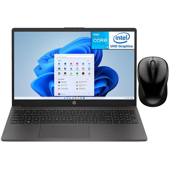 laptop hp 250 g10 intel core i3 n305 8gb 256gb ssd 15.6" w11 teclado español mouse dxt ideal para estudiante y oficina Vista frontal de la HP 250 G10 en gris oscuro con pantalla 15.6" HD (1366 x 768) mostrando Windows 11, teclado de tamaño completo en distribución español, touchpad y cámara web HD en el bisel superior; mouse negro colocado a la derecha. Adecuada para videoconferencias y productividad estudiantil u oficina; a menudo usada también como equipo portátil de estudio.