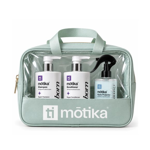 Kit Reborn mōtika Shampoo 450 ml + Bonditioner 450 ml + Good Hair Day 500 ml + Cosmetiquera Verde | Reparación, Hidratación y Protección Capilar