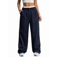 thumbnail image 3 of Pantalones Anchos y Holgados para Mujer, Estilo Palazzo Harén, Informales, A Rayas, con Cintura Elástica y Bolsillos Azul Marino XXL, 3 of 7