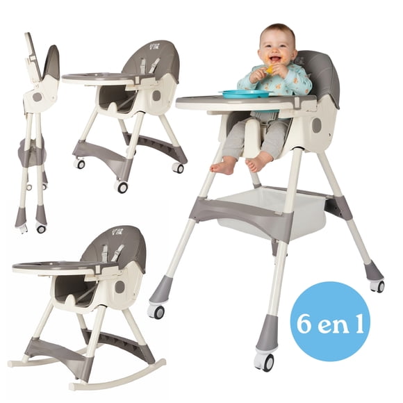 Silla Alta Para Bebé Yei Gris 6 En 1 Plegable Con Doble Charola, Cinturón De 5 Puntos Y Asiento Ajustable