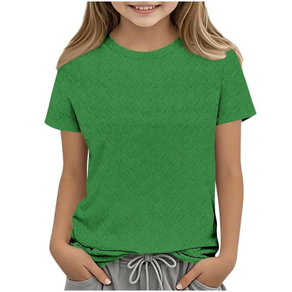 LLYWEY Camiseta de Manga Corta para Niñas, Blusas Casuales de Verano con Ojales para la Escuela Color Sólido Cuello Redondo Camisetas de Manga Corta Verde 7 Años