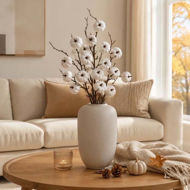 Calabaza de terciopelo sintético con ramas y bayas: decoración artificial de otoño para el hogar, ideal para la repisa de la chimenea, la mesa o como centro de mesa festivo.