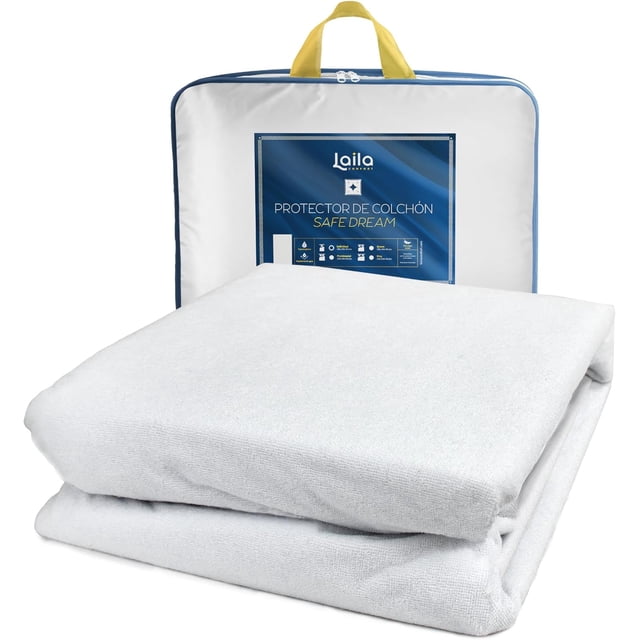 protector de colchón premium - extra suave - hipoalergénico antiácaros (toallín, individual) Laila Comfort, protector blanco de microfibra 100% poliéster plegado frente a su estuche con asa; superficie texturizada y ribete azul visibles, etiqueta frontal. Diseñado para ofrecer protección repelente de líquidos y frescura con tecnología chill climate; también suele usarse para proteger colchones individuales en viajes.