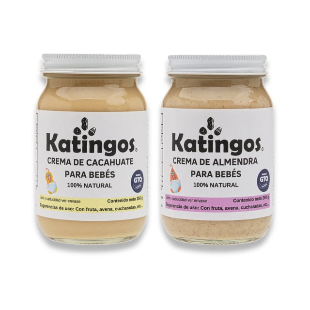 Paquete con cremas de almendra y cacahuate para bebés y niños de corta edad. Marca Katingos 250g.