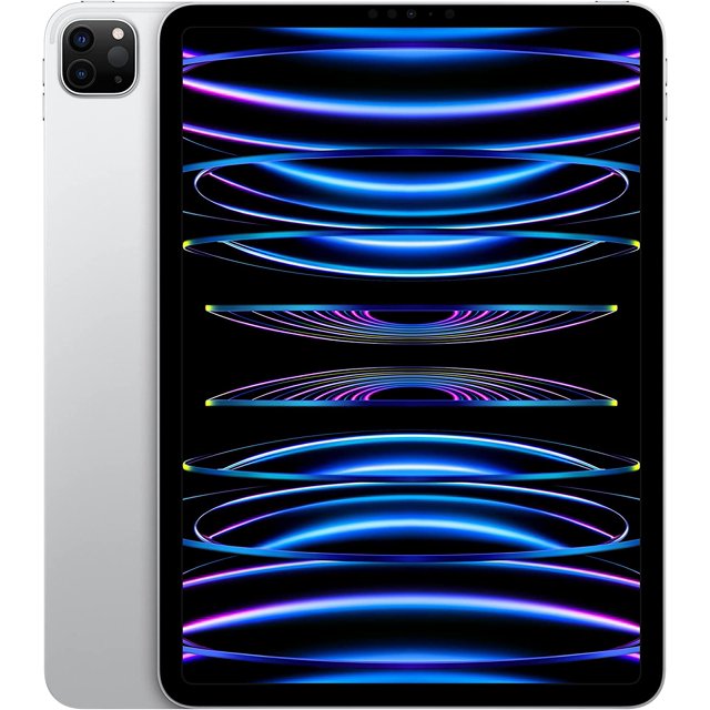 apple ipad pro 6 gen (2022) 12.9 " 256 gb gen (2022) plata (reacondicionado) Reacondicionado Apple iPad Pro 12.9" en plata, vista frontal con pantalla encendida y biseles negros delgados; se aprecia el módulo de cámaras traseras en esquina superior izquierda y el respaldo de acabado plata metálico; a menudo usado para dibujo y productividad móvil.