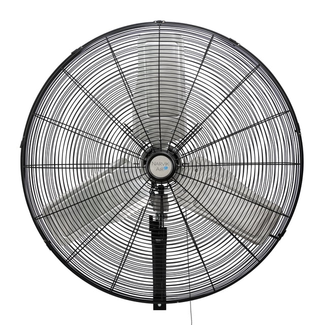 ventilador de pared narvik 30 pulgadas industrial metálico Nuevo, vista frontal centrada de ventilador mural de 30” con aspas y rejilla metálica color plata, logotipo Narvik en el centro, soporte de montaje a pared y cadena de control visible; motor 230W, 3 velocidades y flujo 7185 cfm, ideal para refrescar talleres y bodegas y también apto como ventilación puntual para áreas de trabajo pequeñas.