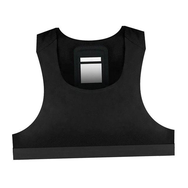 chaleco de entrenamiento de fútbol chaleco de seguimiento de fútbol equipo de entrenamiento actividad de fútbol para jugadores de fútbol chaleco de negro, vista frontal centrada de licra sin mangas con banda elástica inferior y abertura rectangular trasera para colocar un rastreador de posicionamiento, tejido liso y transpirable, diseño unisex adecuado para sesiones de entrenamiento; a menudo usado para seguimiento de actividad en prácticas.