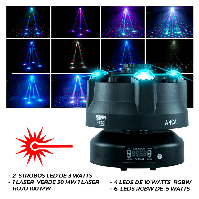 cabeza luz led figuras + laser estrobo rgb anca luz dmx cabeza móvil negra con base rotatoria y panel digital; 13 LEDs en cúpulas emitiendo haces RGB, 1 láser verde y 1 rojo visibles, efectos estroboscópicos y patrones puntuales en miniaturas detrás; 200W, modos DMX, audio rítmico, automático y maestro/esclavo, cabezal giratorio 360; adecuada para DJs y eventos pequeños.