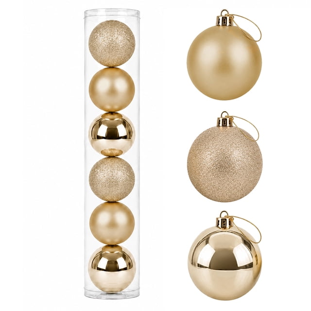 Esferas para árbol de navidad Artego extra grandes de 15 cm de diámetro paq 6 esferas Champagne Línea SKY 3 diversos acabados navideños Mate, brillantes, cromadas para colgar Christmas ornaments
