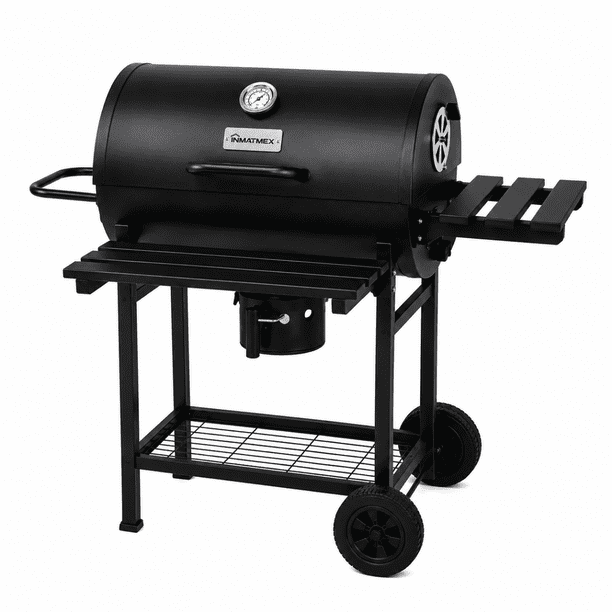 Asador tipo Barril a Carbón INMATMEX Negro con Tapa Termómetro Ventilación Ajustable y Cenicero.