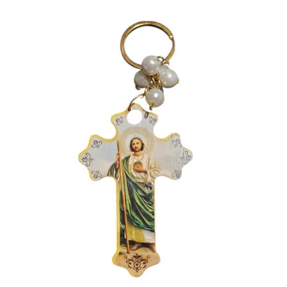 Pack de 12 llaveros San Judas Tadeo, cruz madera, recuerdos bautizo, primera comunion