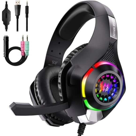 Audífonos para Juegos con Cable para PS4 PS5 Switch Xbox One PC con Luz RGB, Micrófono con Cancelación de Ruido, Sonido Envolvente, Audífonos para Juegos con Mandos para Colocar sobre las Orejas, Negro