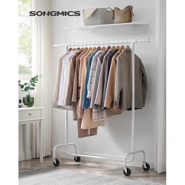SONGMICS Burro Ropa con Ruedas, Perchero Burro Extensible, Carga Pesada, Carga de 130 kg, Fácil de Montar, Portátil, Blanco Mate