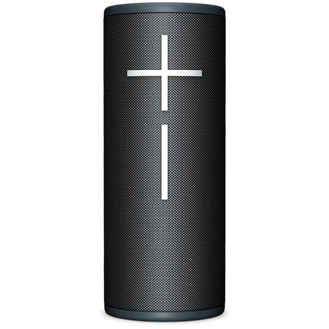 bocina bluetooth logitech ultimate ears boom 4 resistente al agua ip67 hasta 15hr de bateria negro, vista frontal centrada de cilindro portátil con rejilla texturizada negra y símbolos de volumen grandes en cruz; conexión inalámbrica Bluetooth, alcance hasta 45 metros y carga por USB según especificaciones, apta para uso exterior por su grado de protección IP67; también suele usarse para amplificar música en salidas al aire libre o reuniones pequeñas.