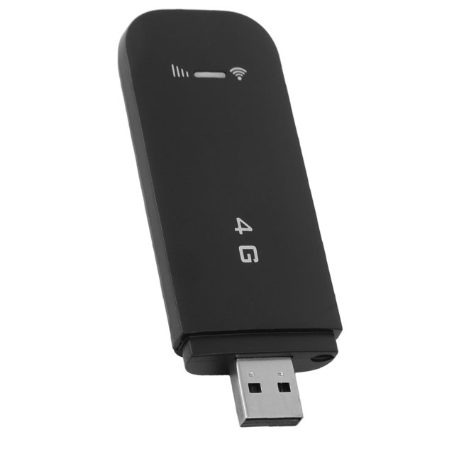 enrutador wifi portátil usb 4g para hasta 10 dispositivos con señal estable, puerto usb, cifrado seguro, ranura para tarjeta sim para accesso a internet Enrutador 4G USB negro tipo dongle, vista 3/4 frontal con conector USB-A expuesto y carcasa ABS mate; '4G' impreso en blanco y iconos de señal y Wi‑Fi visibles; especificado para tarjeta SIM estándar y soporte hasta 10 dispositivos, adecuado para proporcionar acceso a Internet móvil a teléfonos, tabletas y laptops.