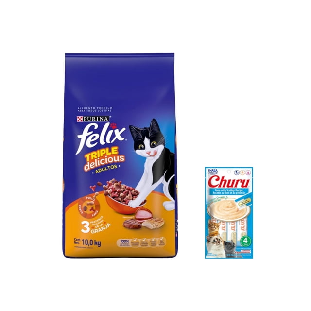 felix triple delicious granja 10 kg + churu atún con vieira sobre con 4 tubos de 14 g empaque con ilustración de gato negro y blanco sobre fondo azul y amarillo, 10 kg de croquetas que muestran mezcla de tres proteínas y tazones, caja de 4 tubos Churu visible; indica: piel sana y pelaje brillante, vitalidad y energia, mantenimiento muscular y salud general, apto para nutrición completa de gatos adultos.