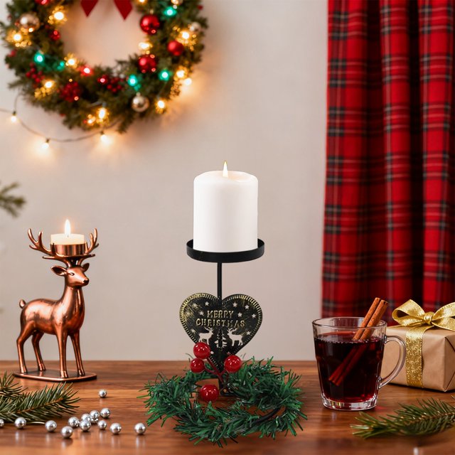 Candelabro navideño de metal bronce con diseño de reno y corazón | Centro de mesa navideño con corona y frutos rojos | Portavelas de hierro