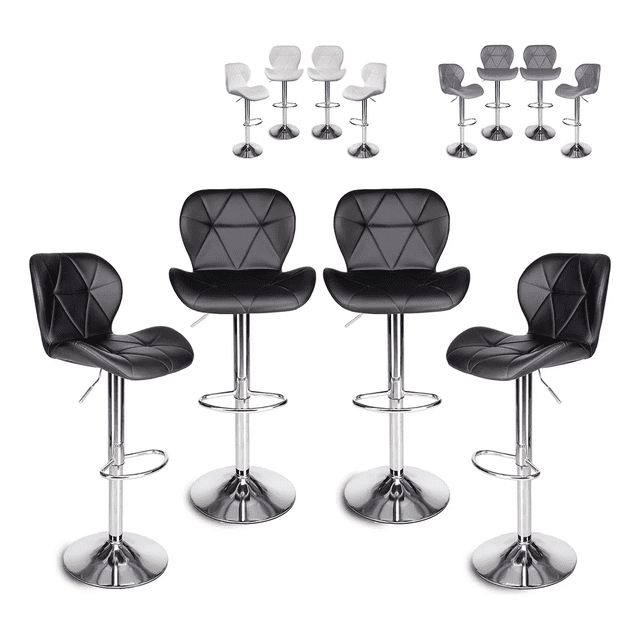 set de 4 bancos de cocina barra silla taburete respaldo alto SelectShop negro, asientos con respaldo tapizado en vinil capitonado en triángulos, estructura de acero cromado y base circular antiderrapante, palanca hidráulica para ajustar altura y asiento giratorio 360°, descansapiés tubular, soporta 120 kg; también apto para barras de desayuno o áreas de juego informal.